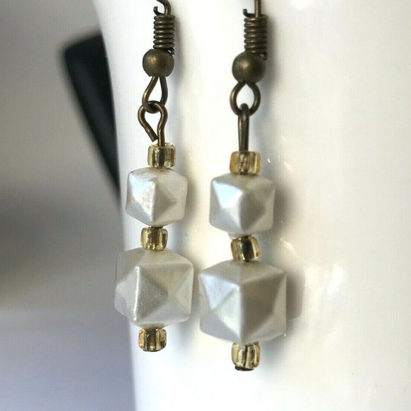 Vintage Cream White Bead Earrings MCM Upcycled 60's Geometric Beads Gold Plated - Picture 5 of 10